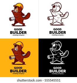 Beaver character with paper plan on hand. Color and black white logo. 