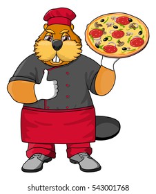 Beaver - chef with pizza. Vector illustration.