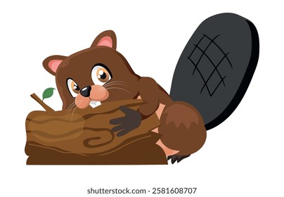 beaver chewing on log. vector illustration.