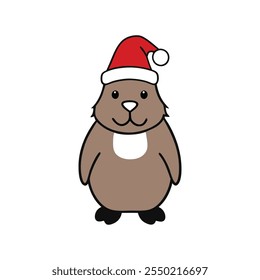 Beaver Christmas with Santa Hat Vector Illustration – Festive Holiday Cartoon Design