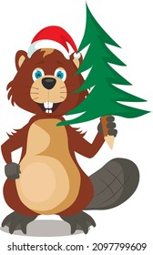 Beaver with a Christmas tree. Preparing for the new year