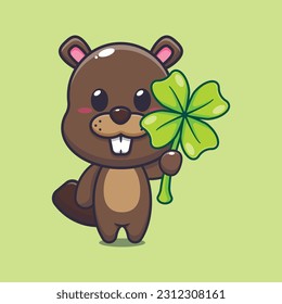 beaver with clover leaf cartoon vector illustration.
Vector cartoon Illustration suitable for poster, brochure, web, mascot, sticker, logo and icon.