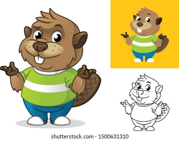 Beaver with Confused Gesture Cartoon Character Mascot Illustration, Including Flat and Line Art Designs, Vector Illustration, in Isolated White Background.