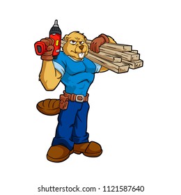 Beaver Construction Worker with Wood Beam Cartoon Illustration