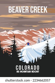 Beaver Creek Ski Travel resort poster vintage. Colorado USA winter landscape travel card