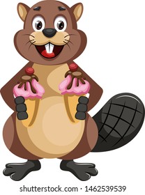 Beaver with cupcakes, illustration, vector on white background.