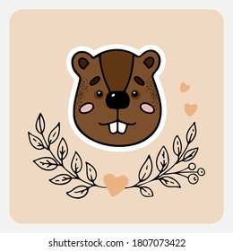 Beaver. Cute funny hand drawn animal with hearts, leaves and branches. Cartoon doodle sketch style. Vector illustration for card, banner, poster, baby cloth, sticker, interior elements for nursery.