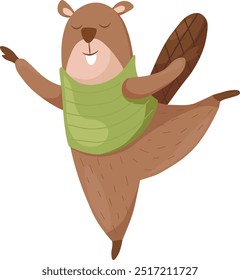 Beaver. Cute joyful beaver in a sweater. Dancing animal. Vector illustration