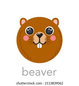 Beaver Cute portrait with name text smile head cartoon round shape animal face, isolated vector icon illustrations on white background. Flat simple hand drawn for kids poster, cards, t-shirts, baby