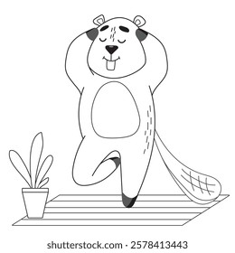 beaver doing yoga, yoga, yogi, doing sports exercises, cute beaver, beaver coloring, funny, fun, boy, cozy home, rug, flower, vase, home comfort