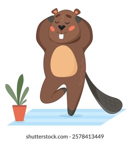 beaver doing yoga, yoga, yogi, doing sports exercises, cute beaver, beaver coloring, funny, fun, boy, cozy home, rug, flower, vase, home comfort