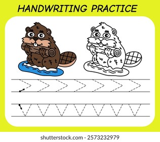 Beaver drawing handwriting practice sheet illustration