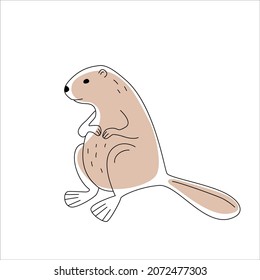 A beaver drawn with a black line with light brown spots. Isolated on white background. Line art. Vector illustration.