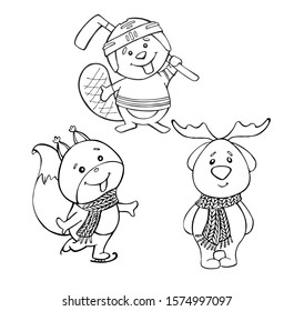 Beaver, elk, squirrel, isolated background. Vector, stock illustration. Hand drawing, winter set. contour coloring book for children's books.