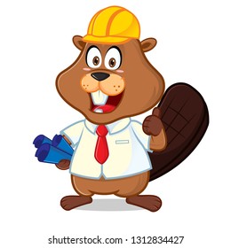 Beaver as engineer carrying blue print cartoon illustration, can be download in vector format for unlimited image size.