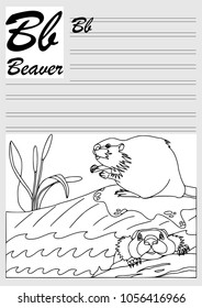 Beaver. English alphabet, coloring outline, write and paint. Set of cards, illustration and text