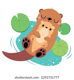 Beaver family. Cute mom beaver hugging her baby cartoon vector illustration