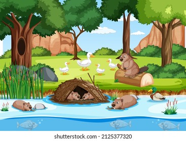 Beaver family in the forest with ducks illustration