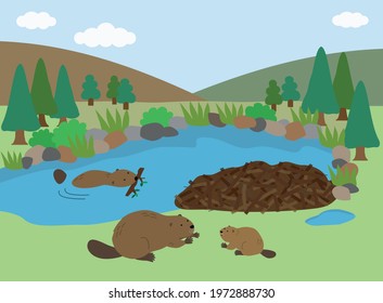 Beaver family nesting by the water