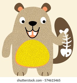 beaver with fish bone vector cartoon illustration