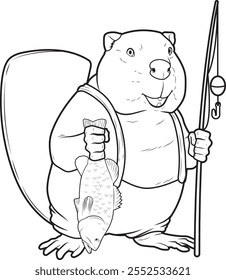 Beaver Fisher Fish Fishing Animal Vector Graphic Art Illustration