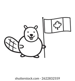 Beaver with flag of Canada. Outline illustration on white background.