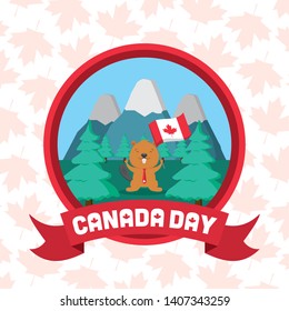 beaver flag mountains forest badge happy canada day vector illustration