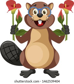 Biber mit Blumen, Illustration, Vektorgrafik auf weißem Hintergrund.
