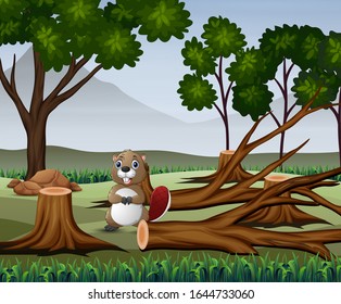 A beaver foraging in the barren forest