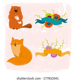 beaver, fox, flowers set