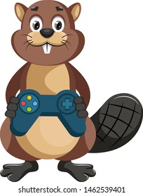 Beaver with gamepad, illustration, vector on white background.