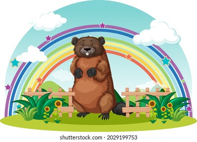 A beaver in the garden with rainbow in the sky illustration