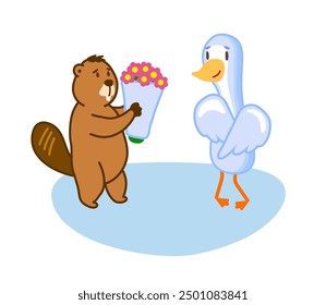 Beaver gives flowers to duck illustration, postcerd concept