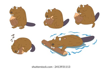 The beaver gnaws on wood, sleeps and swims. Set for animation or cartoon