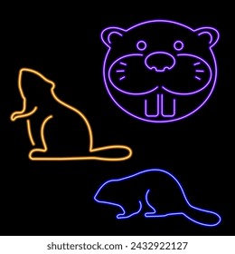 beaver group neon icons, vector illustration, on black background.