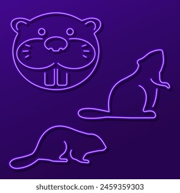 beaver group neon icons, vector illustration, on black background.