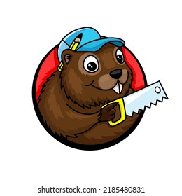 Beaver with hacksaw in hand round icon on white background.