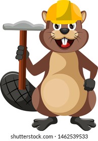 Beaver with hammer, illustration, vector on white background.