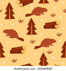 Beaver hand drawn illustration. Cute cartoon animal character - seamless pattern