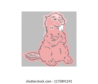 Beaver hand drawn vector grey and pink logotype. Cute illustration texture for poster blank, magazine, postcard, t-shirt, print, tattoo, card, invitation, poster, banner template or textile 