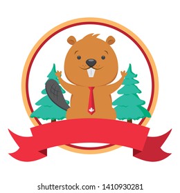 beaver happy canada day badge ribbon vector illustration