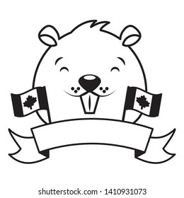 beaver happy canada day badge ribbon vector illustration