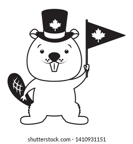 beaver with hat and flag happy canada day vector illustration