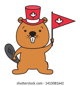 beaver with hat and flag happy canada day vector illustration