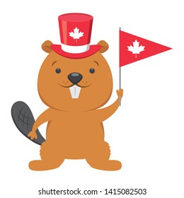 beaver with hat and flag happy canada day vector illustration