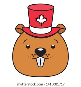 beaver with hat maple leaf happy canada day vector illustration