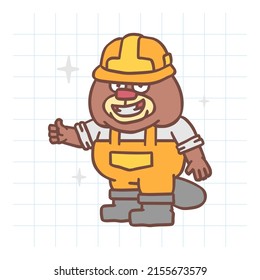 Beaver in helmet showing thumbs up and smiling. Hand drawn character. Vector Illustration