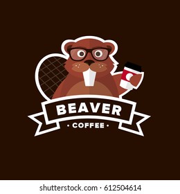 Beaver Hipster Coffee to go logo template on dark brown background