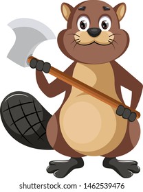 Biber, der eine Axt hält, Illustration, Vektorgrafik auf weißem Hintergrund.