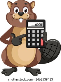 Beaver holding calculator, illustration, vector on white background.